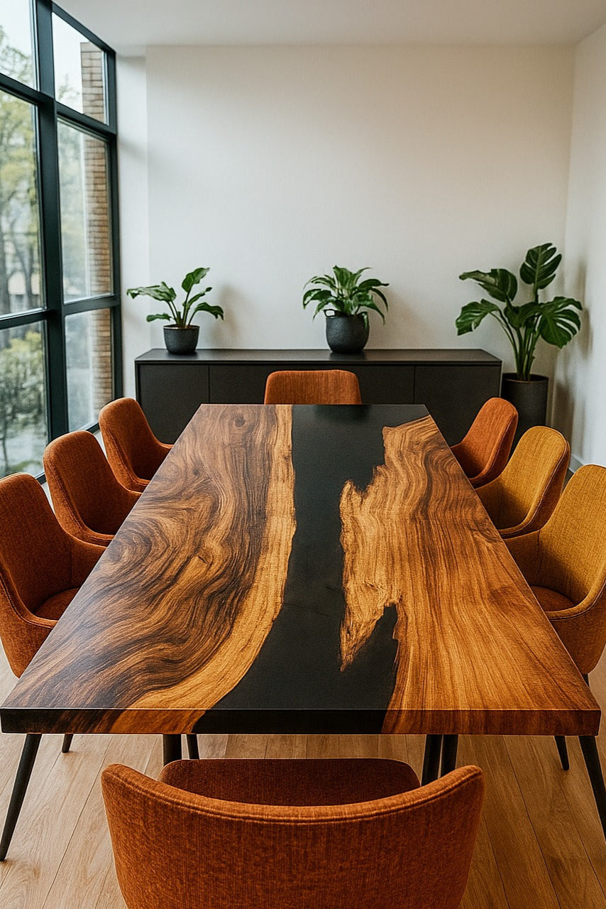 Dining area with a wooden table and orange chairs in a modern interior setting.