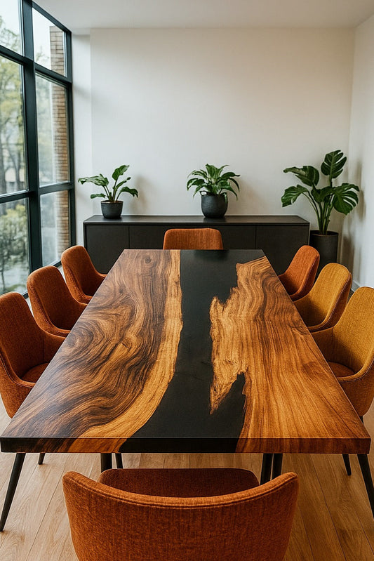 Dining area with a wooden table and orange chairs in a modern interior setting.