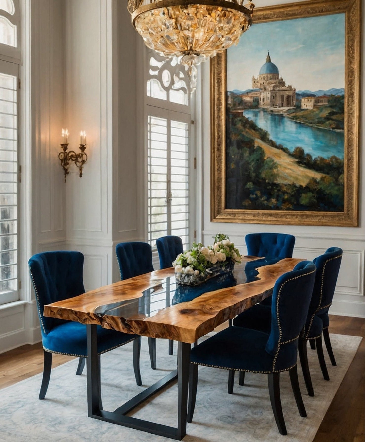 Dining room with wooden epoxy table and blue chairs, large painting on the wall.
