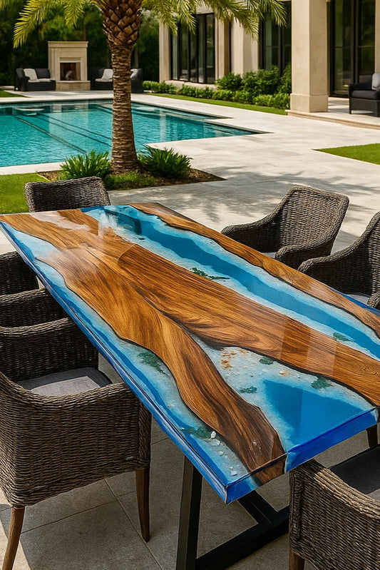Outdoor dining table with blue resin and wooden design, surrounded by chairs on a patio.